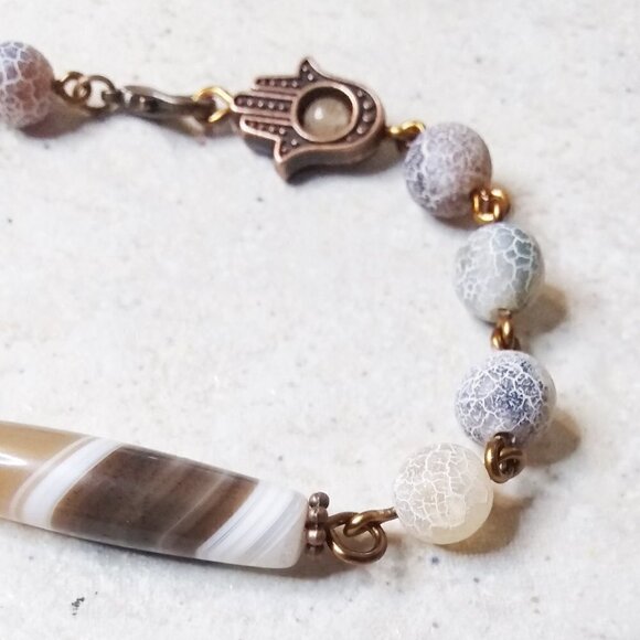 Hamsa Hand Blessing Bracelet! Lovely Shades of Brown! Mixed Agate Beads + Copper - Picture 5 of 10